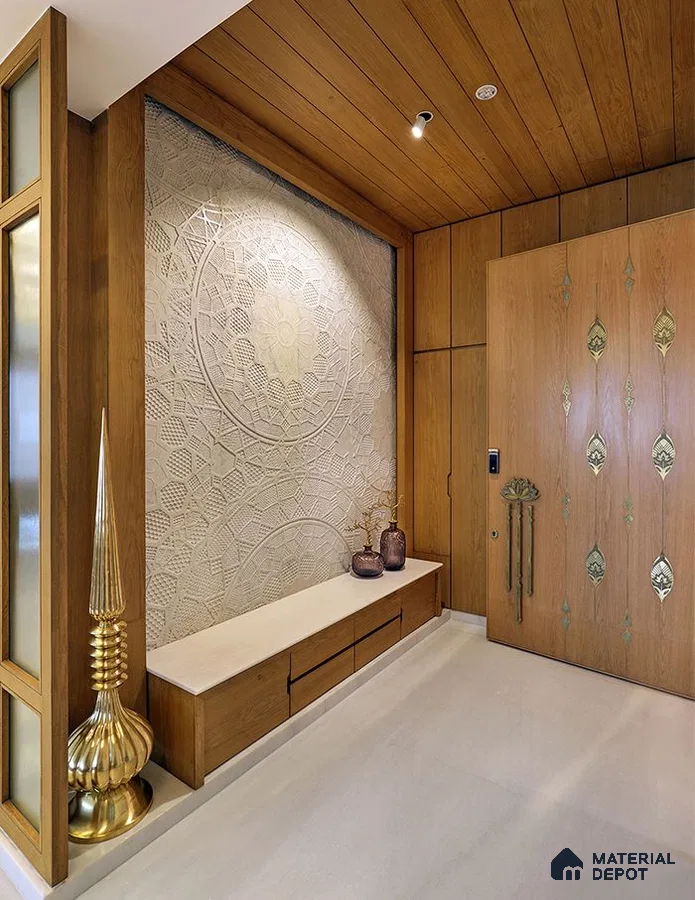 A bathroom with a large tub in the middle of the room and two sinks and two sinks on the wall next to a bathtub in front of a large window that has a wooden flooring is shown in